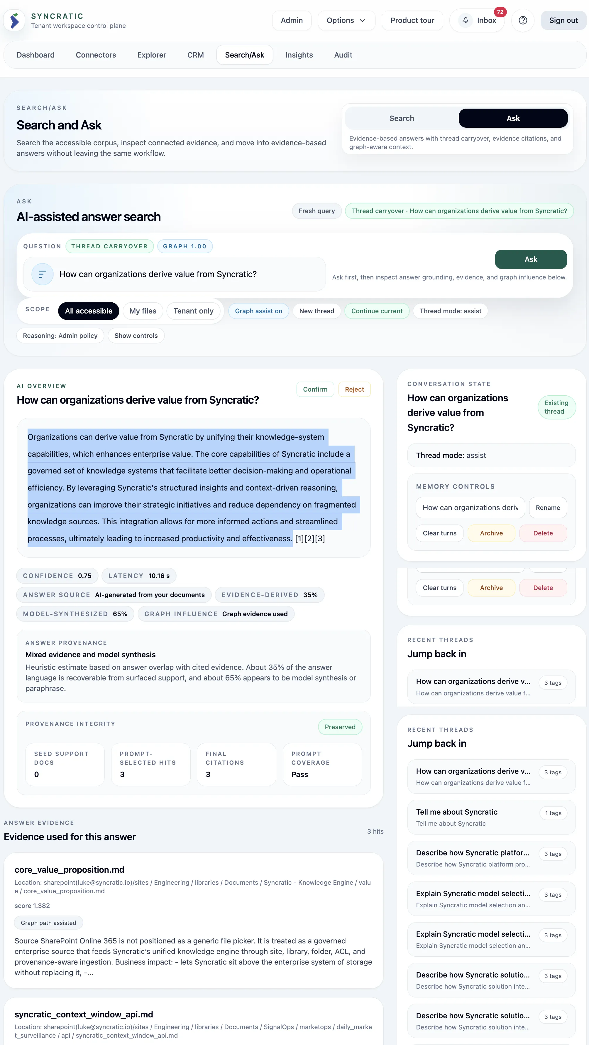 Syncratic Ask surface producing governed, citation-backed answers over enterprise knowledge