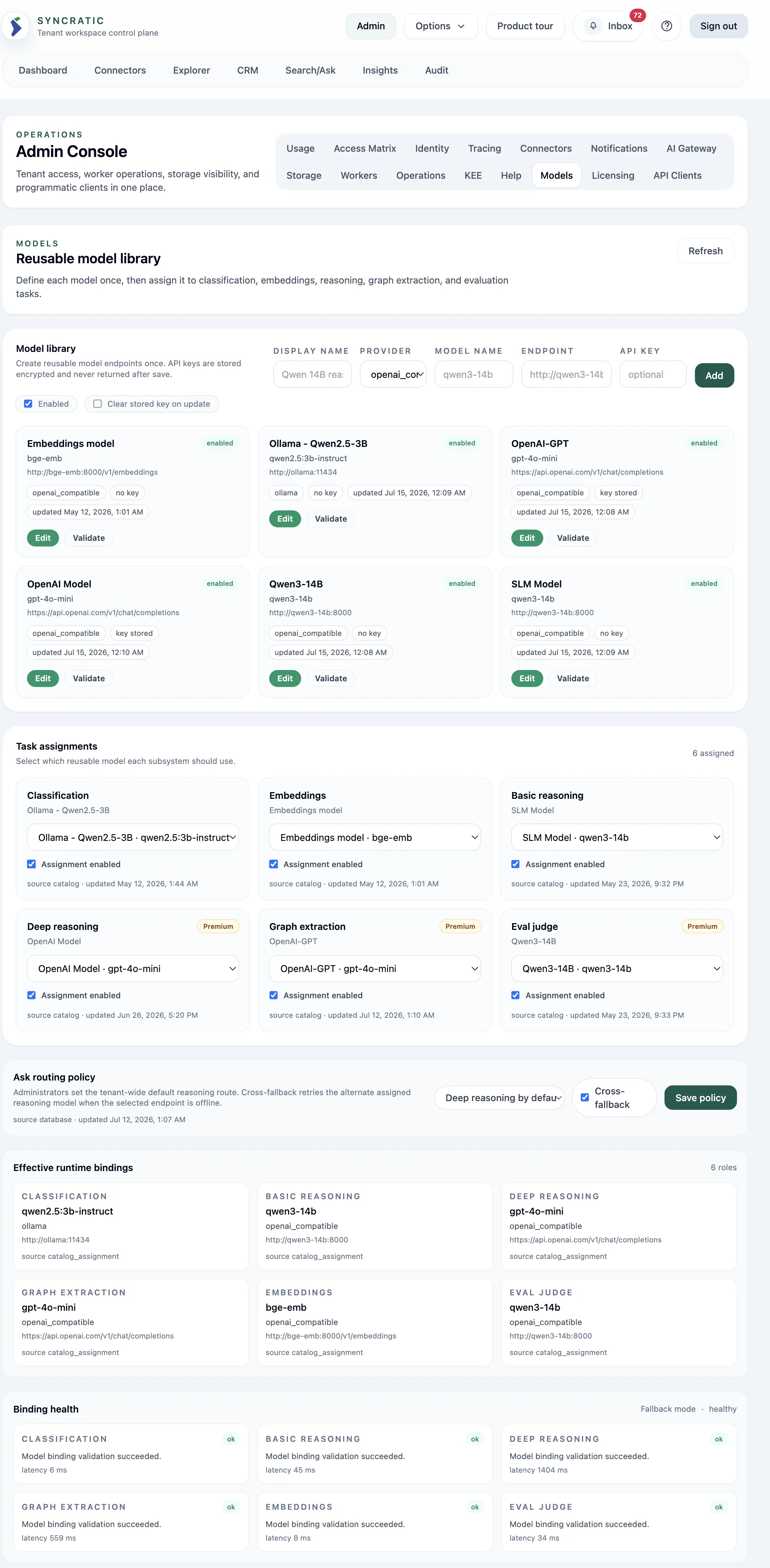Bring your own model: model roles configured across private, deployment-local LLMs and external public endpoints