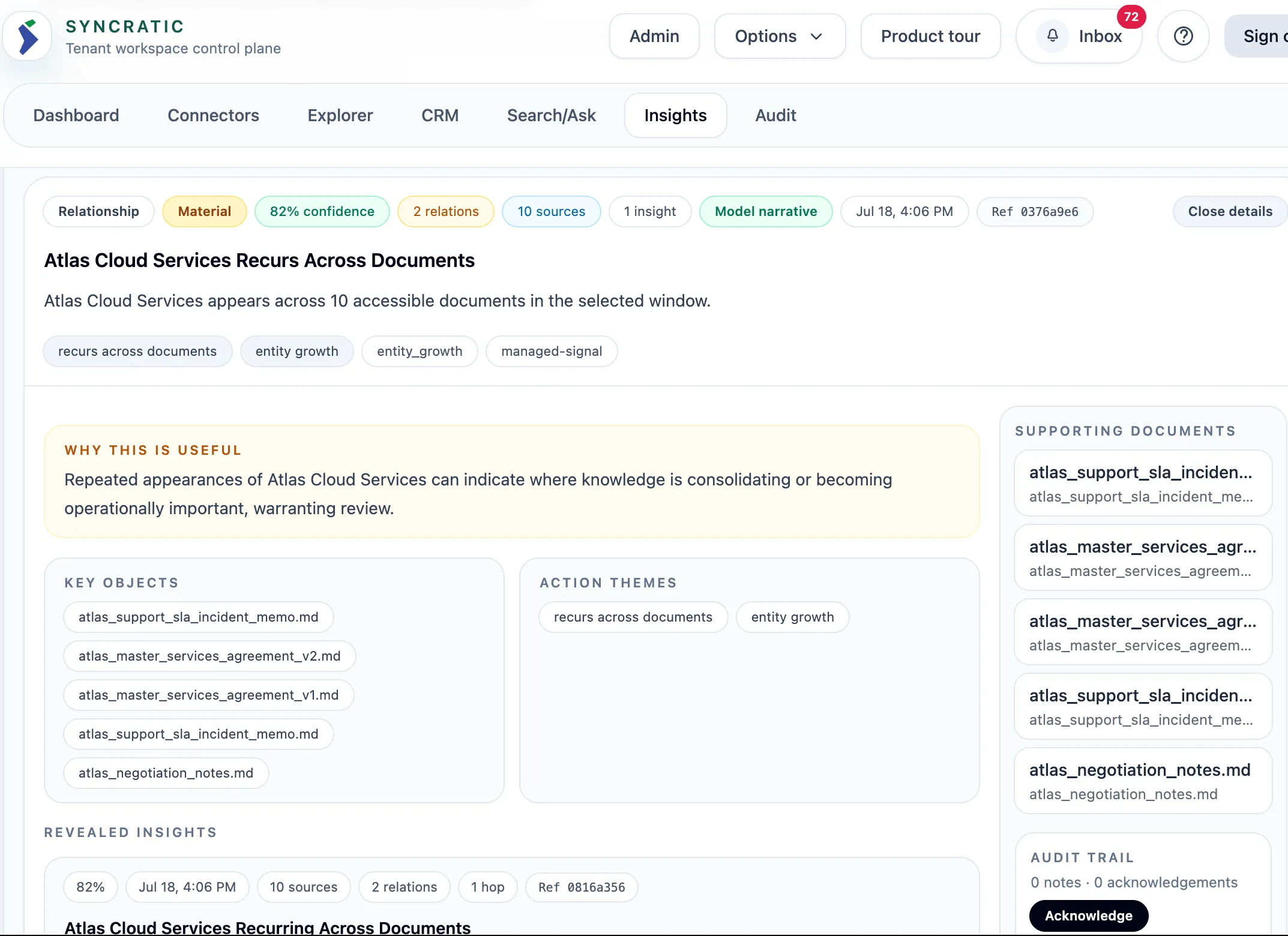 Insights dashboard consolidating knowledge signals across documents and sources