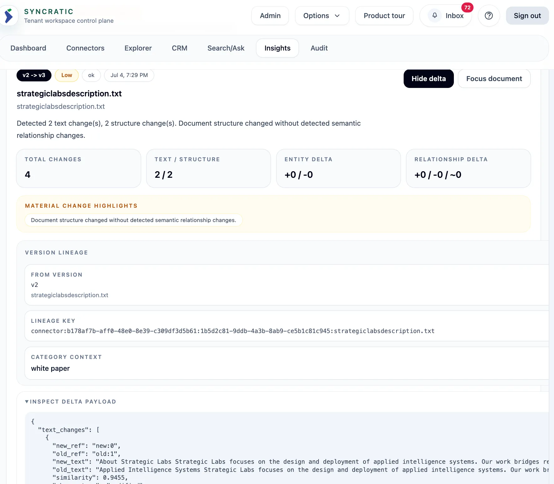 Document evolution tracking: version lineage and semantic deltas across document versions